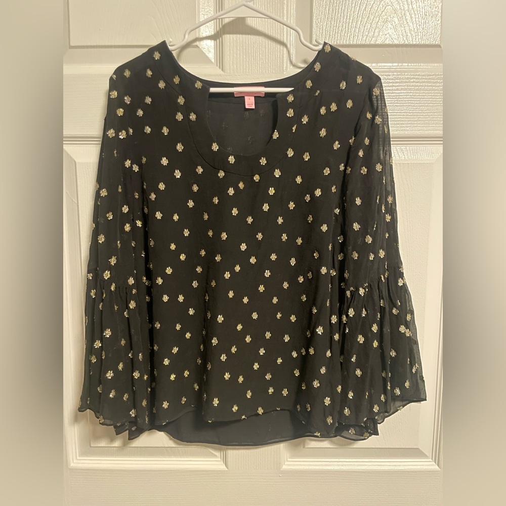 Lilly Pulitzer Black Blouse with Gold Floral Pattern